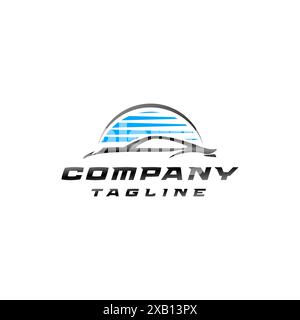 Silhouette di auto sportiva con logo Blue Lines. Immagine della silhouette dell'auto che corre sotto il disegno del logo Circle of Blue Stripes. Illustrazione Vettoriale