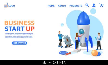 Pagina iniziale di avvio. Sviluppo aziendale. Progettazione dell'interfaccia utente del sito Web. Modello Web per l'avvio dell'app. Inizio razzo. Marketing di progetti innovativi. Strategia di gestione. Successo da uomo d'affari. Sfondo vettoriale Illustrazione Vettoriale