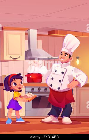 Bambina che aiuta lo chef a cucinare in cucina. Illustrazione vettoriale di un giovane uomo allegro in uniforme bianca che mescola il cibo bollente in padella, curioso ragazzo che tiene un tavolo di legno e prepara i pasti insieme Illustrazione Vettoriale