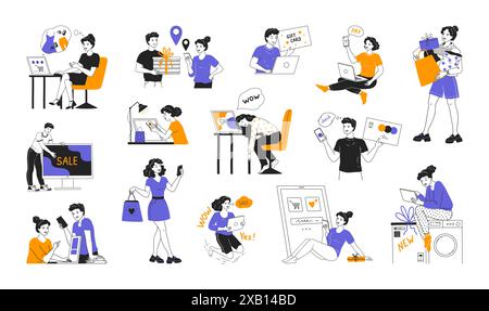 Banner per lo shopping online. Saldi del punto vendita. Negozio Internet. Donna d'affari o uomo con il telefono. Persone felici che comprano vestiti. Tecnologia delle app per smartphone. Pagamento dell'ordine. Sconto marketing. Set di concetti vettoriali Illustrazione Vettoriale