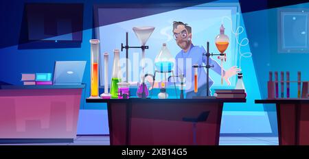 Scienziato malvagio che lavora in laboratorio. Illustrazione vettoriale di uno scienziato pazzo che fa esperimenti chimici, liquido colorato in provette di vetro, matracci e bottiglie su rack, che produce sostanze tossiche Illustrazione Vettoriale