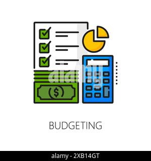 Icona della linea di budget a colori con denaro vettoriale, calcolatrice e piano di budget. Analisi finanziaria, contabilità e schema di pianificazione simbolo di banconote in dollari, grafico a torta di entrate e spese, budget commerciale Illustrazione Vettoriale