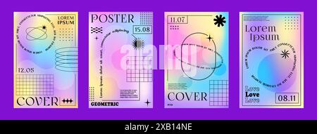 Ologramma arcobaleno y2k poster brutali gradiente. Linee vettoriali forme geometriche astratte e cornici grafiche estetiche con stelle, cerchi, punti e scintille, cuori e archi su sfondo a gradiente pastello Illustrazione Vettoriale