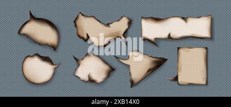 Grunge bolle di carta con bordi bruciati e macchie. Set realistico di illustrazioni vettoriali 3d con pergamene martellate vintage marroni. Pronuncia e pensa al messaggio cornice di album grezza. Illustrazione Vettoriale