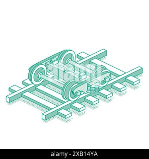 Carrello ferroviario di un vagone merci con telaio. Oggetto isometrico isolato su sfondo bianco. Illustrazione vettoriale. Icona per la progettazione Web. Illustrazione Vettoriale