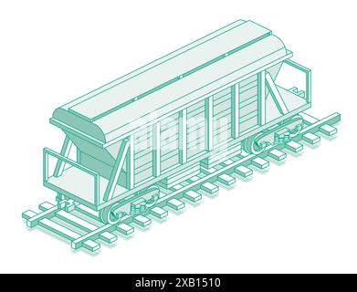 Tramoggia isometrica. Oggetto isolato su sfondo bianco. Ferrovia. Carro merci per il trasporto di massa di cemento, cereali e altri carichi o prodotti alla rinfusa. Illustrazione Vettoriale