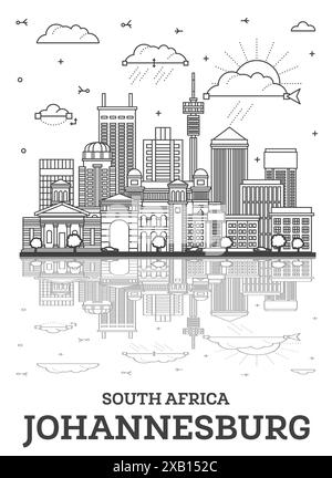 Delinea lo skyline della città di Johannesburg in Sudafrica con edifici moderni e riflessioni isolate su White. Illustrazione vettoriale. Johannesburg. Illustrazione Vettoriale