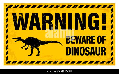 Grunge attenzione dinosauro cartello di avvertimento. Banner di avvertimento vettoriale per il Dino Park nei colori giallo e nero con la silhouette di uno Spinosaurus con testo attenzione al dinosauro e cornice con strisce diagonali Illustrazione Vettoriale