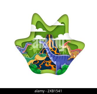 La carta tagliava l'impronta preistorica dei dinosauri. telaio vettoriale 3d a forma di zampa dino con specie di allosaurus, parasaulorophus, hypselosaurus e alectrosaurus in un paesaggio antico con vulcano in eruzione Illustrazione Vettoriale