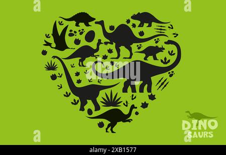 I dinosauri preistorici si presentano a forma di cuore. Ombre nere vettoriali giocose e artistiche di spezie dinosauri ed elementi preistorici come tracce di impronta e piante su un vivace sfondo verde Illustrazione Vettoriale