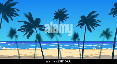 Palme con vista sull'oceano, riva del mare, banner all'orizzonte Illustrazione Vettoriale