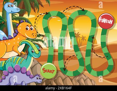 Illustrazione colorata del tabellone di gioco a tema dinosauro Illustrazione Vettoriale