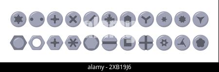 Set di teste delle viti in metallo. Bulloni in acciaio inox. Chiodi e rivetti in argento. Vista dall'alto. Illustrazione vettoriale in stile piatto. Diversi elementi hardware Illustrazione Vettoriale