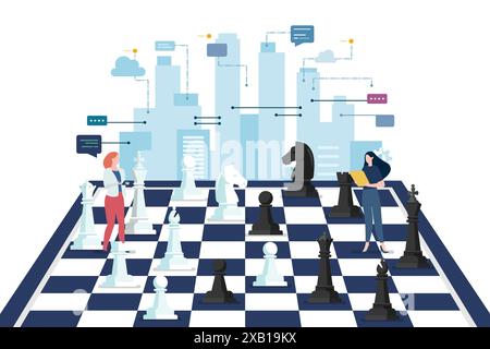 Figure scacchistiche su una scacchiera con uomini d'affari. Concetto di concorrenza aziendale Illustrazione Vettoriale