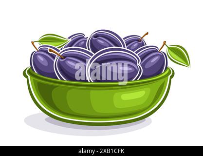 Logo vettoriale per Fresh Plums, poster orizzontale decorativo con illustrazione isolata della composizione delle prugne con foglie sul gambo, stampa a fumetti Illustrazione Vettoriale