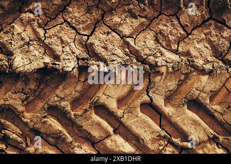 Il battistrada degli pneumatici dei trattori agricoli presenta segni di fango secco che formano un motivo distintivo su una strada sterrata, vista dall'alto Foto Stock