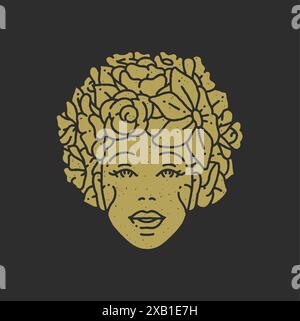 Viso romantico da donna con acconciatura naturale di fiori, disegno decorativo, texture grunge, illustrazione vettoriale. Elegante avatar facciale femminile Illustrazione Vettoriale