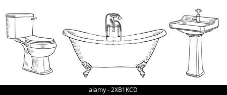 Disegno a mano con elementi igienici: Vasca da bagno, lavandino e WC con supporto. Set di articoli per bagno e igiene. Foto Stock