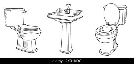 Disegno a mano con elementi igienici: Vasca da bagno, lavandino e WC con supporto. Set di articoli per bagno e igiene. Foto Stock