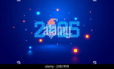 Capodanno 2025 e buon Natale in stile digitale e tecnologico. Cifre pixel 2025 con l'icona Babbo Natale faccia nella grafica pixel. Tessera di Capodanno o tec digitale Illustrazione Vettoriale