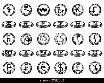 Disegnato a mano di monete monete monete monete di diversi paesi stabiliscono elementi. Illustrazione vettoriale del concetto bancario e finanziario isolata su sfondo bianco. Illustrazione Vettoriale