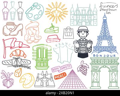 Set disegnato a mano di viaggi doodle in francia Set di viaggio delinea le icone del turismo doodle e dell'avventura estiva in stile colorato isolato su sfondo bianco. Illustrazione Vettoriale