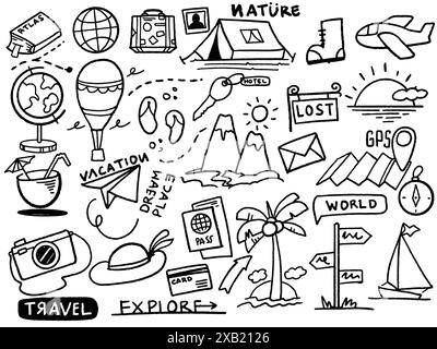 Set disegnato a mano di viaggi doodle in francia Set di viaggio delinea le icone del turismo doodle e dell'avventura estiva in stile bianco nero isolato su sfondo bianco Illustrazione Vettoriale