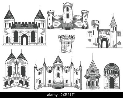 Castelli medievali disegnati a mano che disegnano un antico edificio adagiato in stile bianco nero inciso isolato su sfondo bianco. Illustrazione Vettoriale