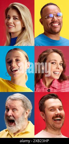 Ritratti di giovani e anziani, uomini e donne che esprimono felicità, sorriso e gioia su sfondo multicolore. Collage Foto Stock