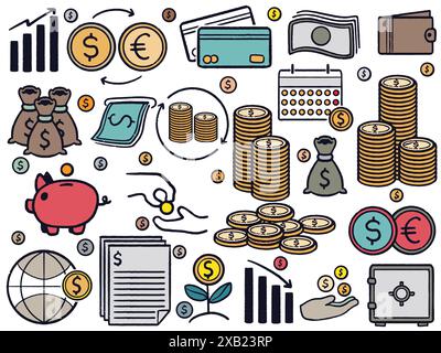 il simbolo finanziario di affari disegnato a mano crea elementi dallo stile colorato. Illustrazione vettoriale del concetto bancario e finanziario isolata su sfondo bianco. Illustrazione Vettoriale