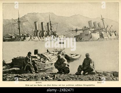 Asien, Cina, Halbinsel Liaodong, Blick auf den Hafen von Port Arthur mit den zerstörten russischen Kriegsschiffen Pallada und Pobjeda , Russisch-Japanischer Krieg , Motiv aus : Seehelden und Seeschlachten in neuerer und neuester Zeit , von Korvetten-Kapitän a. D. von Holleben, Verlag von otto Spamer, Lipsia, 1913 , Rechte werden nicht vertreten . / Asia, Cina, penisola Liaodong , vista sul porto di Port Arthur con le navi da guerra russe distrutte Pallada e Pobjeda , guerra russo-giapponese, immagine da : Seehelden und Seeschlachten in neuerer und neuester Zeit ( eroi del mare e ba navale Foto Stock