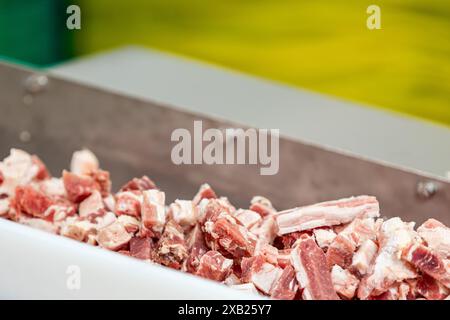 Carne cruda tagliata a dadini su una linea di produzione di fabbrica Foto Stock