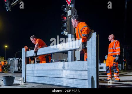 Probeaufbau des Hochwasserschutzes a Dresda Fachleute des städtischen Regiebetriebes Zentrale Technische Dienstleistungen ZTD bauen die mobile Hochwasserschutzanlage auf der Schlachthofstraße im Ostragehege probeweise auf und wieder ab. Die Hochwasserschutzanlage Hat eine Länge von etwa 25 Meter und eine Höhe von etwa einem Meter. Beim Probeaufbau wird die Anlage einer Sichtung, Reinigung und Wartung unterzogen, um den reibungslosen Betrieb bei Hochwasser zu garantieren. Der Probeaufbau dient gleichzeitig als Übung für die Mitarbeiter des ZTD, damit sie im Ernstfall alle Funktionen und Handg Foto Stock