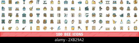set di 100 icone delle api. Set di linee cromatiche di icone vettoriali delle api, linee sottili, colore piatto su bianco Illustrazione Vettoriale