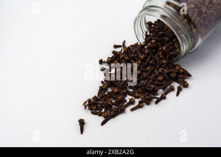 i chiodi di garofano fuoriescono dal vaso in vetro, isolato su sfondo bianco, concetto di conservazione delle spezie in cucina Foto Stock