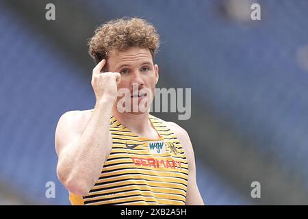 ROM, Italia. 10 giugno 2024. Atletica leggera: Campionati europei, campionati europei: Torben Blech, Germania, reagisce durante il caveau. Crediti: Michael Kappeler/dpa/Alamy Live News Foto Stock