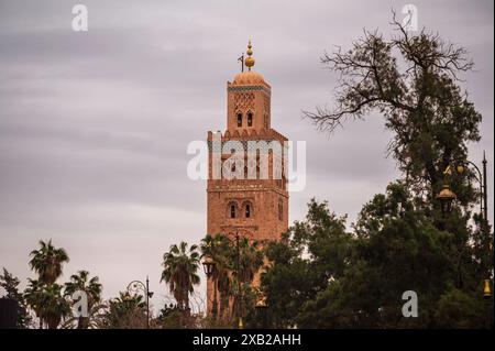 Il simbolo del Marocco di Marrakech, moschea situata vicino alla famosa piazza Jemma El Fna, Koutoubia, grande moschea in stile almohade del XII secolo Foto Stock