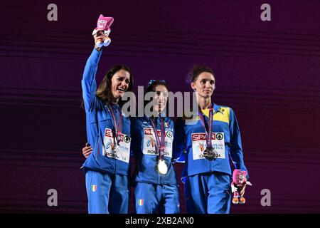 Valentina TRAPLETTI, Antonella PALMISANO e Lyudmila OLYANOVSKA durante i Campionati europei di atletica leggera 2024 allo Stadio Olimpico, il 7 giugno 2024 a Roma. Foto Stock