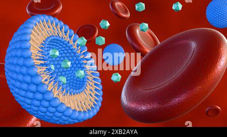 rendering 3d del liposoma all'interno dei vasi sanguigni con globuli rossi Foto Stock