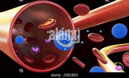 rendering 3d del liposoma all'interno dei vasi sanguigni con globuli rossi Foto Stock