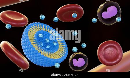 rendering 3d del liposoma all'interno dei vasi sanguigni con globuli rossi Foto Stock