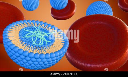 rendering 3d del liposoma all'interno dei vasi sanguigni con globuli rossi Foto Stock