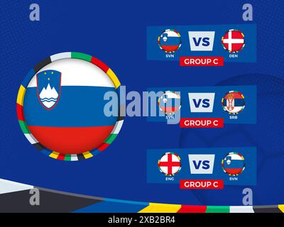 Calendario delle partite della squadra di calcio slovena nella fase a gironi. Modello vettoriale. Illustrazione Vettoriale