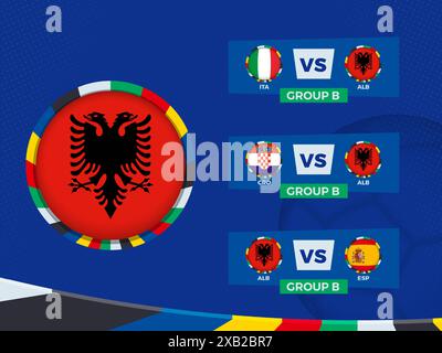 Calendario delle partite della squadra di calcio albanese nella fase a gironi. Modello vettoriale. Illustrazione Vettoriale