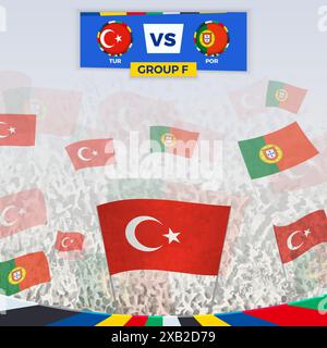 Tifosi di calcio tifosi con le bandiere per la partita tra Turchia e Portogallo. Illustrazione sportiva per competizioni calcistiche in Europa. Modello vettoriale. Illustrazione Vettoriale