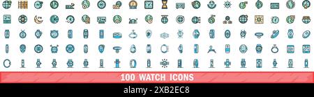 set di 100 icone dell'orologio. Linea di colore Set di icone vettoriali dell'orologio linea sottile colore piatto su bianco Illustrazione Vettoriale