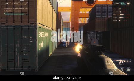 Concetto di video game Mock-up: Gioco sparatutto 3D online multigiocatore. FPS per giocatori professionisti. POV persona che gioca, sparare nemici, segnare uccisioni. Torneo online Cyber Championship Foto Stock