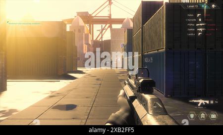 Concetto di video game Mock-up: Gioco sparatutto 3D online multigiocatore. FPS per giocatori professionisti. POV persona che gioca, sparare nemici, segnare uccisioni. Torneo online Cyber Championship Foto Stock