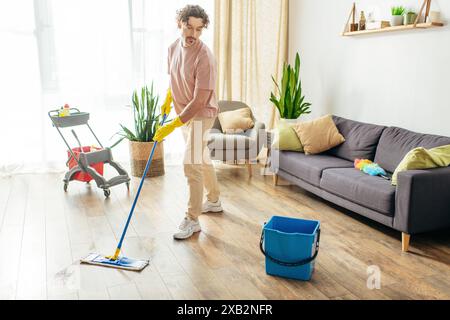 Uomo affascinante in intimi indumenti per la casa che pulisce con grazia il pavimento. Foto Stock