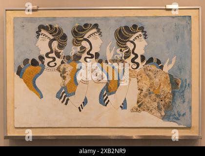 Affresco delle signore Blu del palazzo minoico a Cnosso Foto Stock